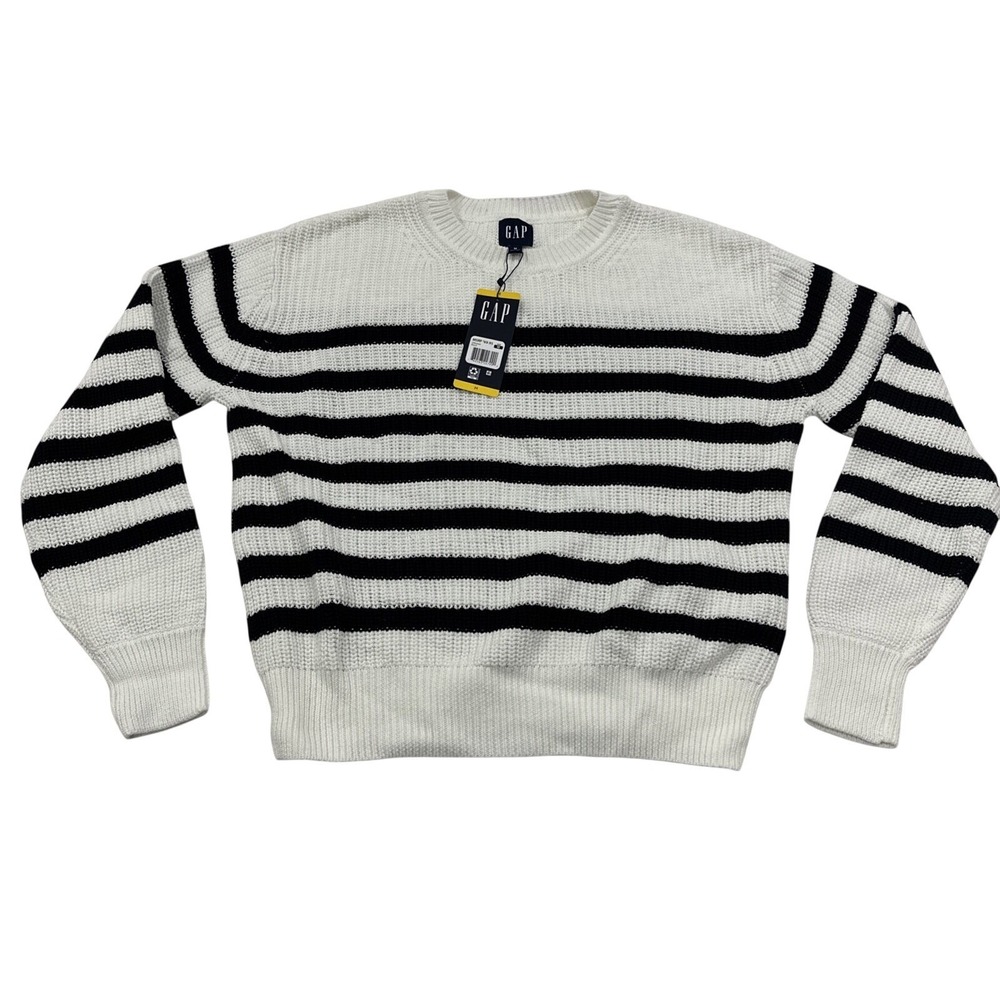 GAP Sweater Women Medium White Black Striped Shaker Stitch Cotton Crewneck NWT